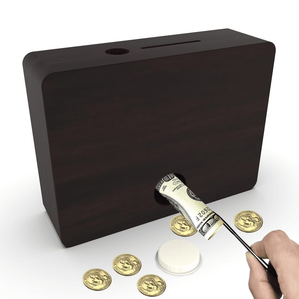 CYANLUX Wooden Piggy Bank with Savings Challenge Tracker - Money Box with Goal Stickers for Adults and Kids, Black