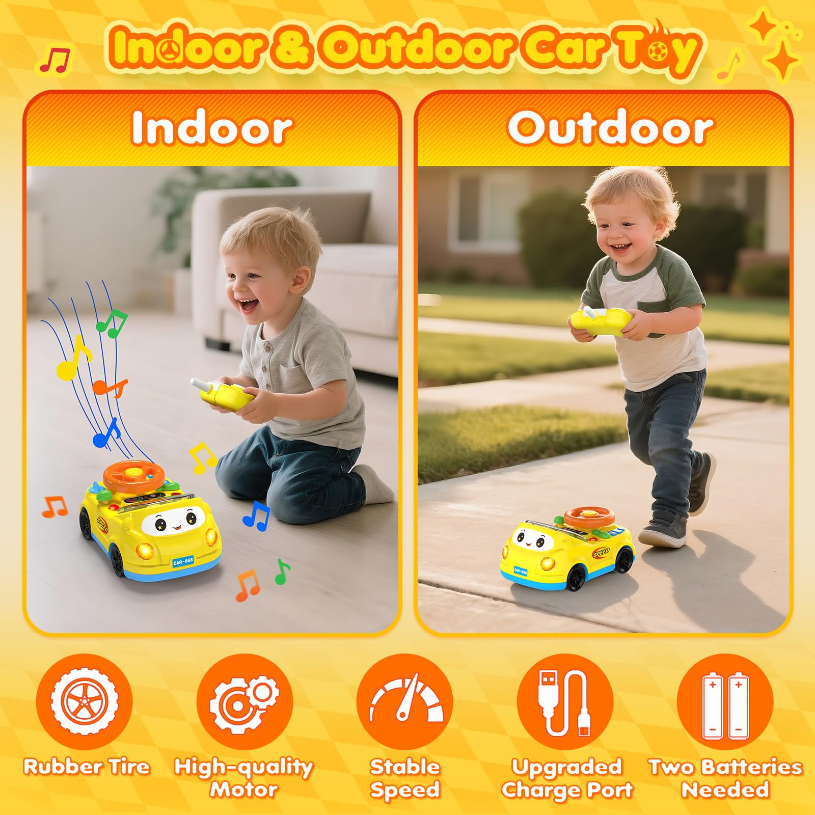 DADAPALS Toddler RC Push Car – Steering Wheel Racing Toy for Ages 1-3 (Yellow)