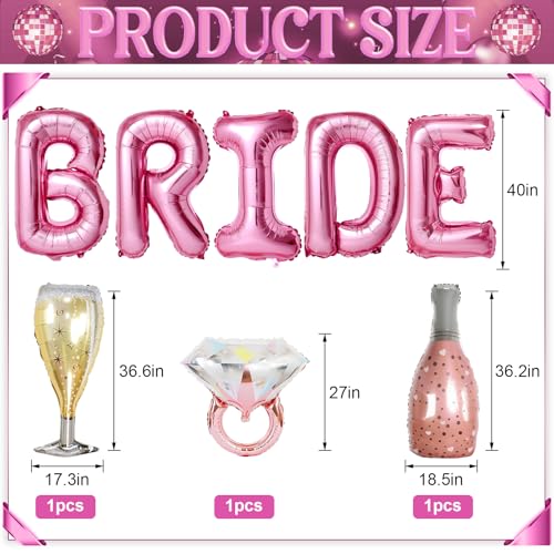 Dagelar 40-Inch Pink BRIDE Balloon Set with Diamond Ring & Champagne Foil Balloons for Bachelorette Party