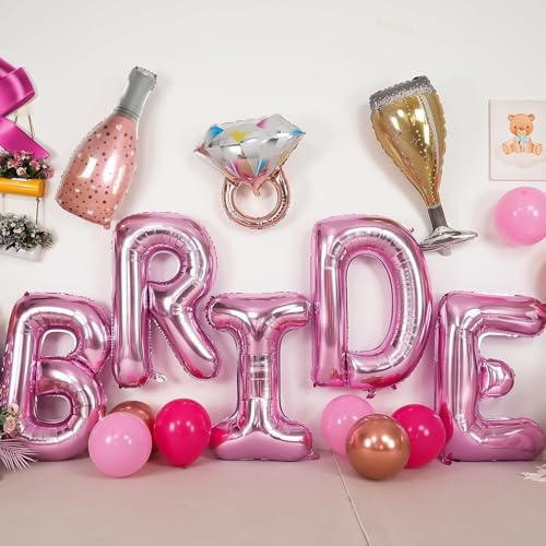 Dagelar 40-Inch Pink BRIDE Balloon Set with Diamond Ring & Champagne Foil Balloons for Bachelorette Party