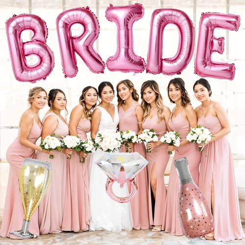 Dagelar 40-Inch Pink BRIDE Balloon Set with Diamond Ring & Champagne Foil Balloons for Bachelorette Party
