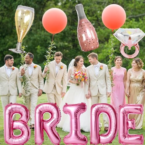 Dagelar 40-Inch Pink BRIDE Balloon Set with Diamond Ring & Champagne Foil Balloons for Bachelorette Party