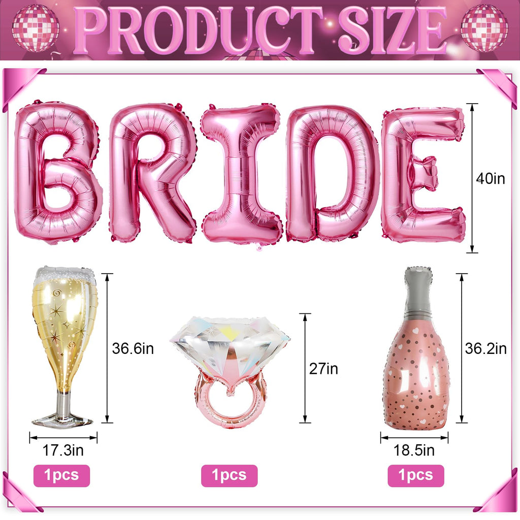 Dagelar 40-Inch Pink BRIDE Balloon Set with Diamond Ring & Champagne Foil Balloons for Bachelorette Party