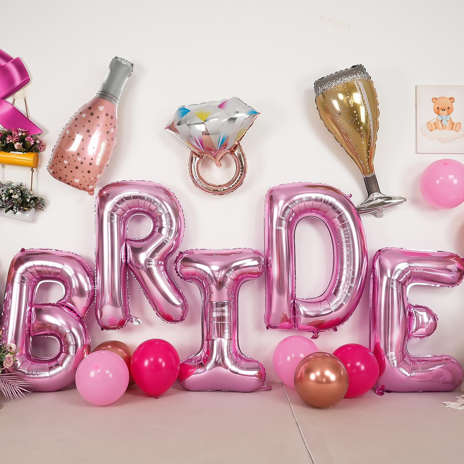 Dagelar 40-Inch Pink BRIDE Balloon Set with Diamond Ring & Champagne Foil Balloons for Bachelorette Party