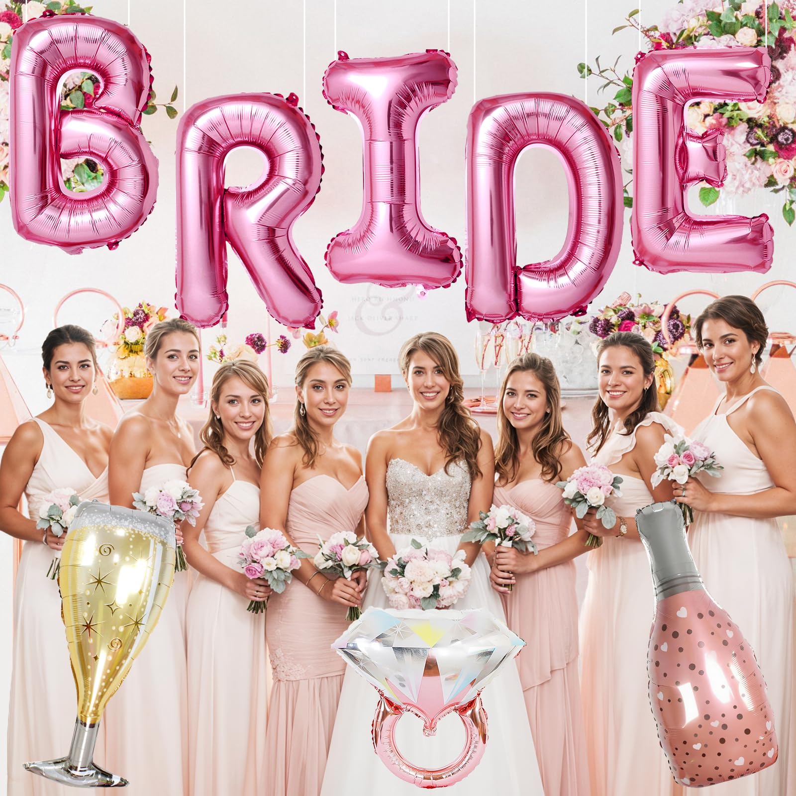 Dagelar 40-Inch Pink BRIDE Balloon Set with Diamond Ring & Champagne Foil Balloons for Bachelorette Party