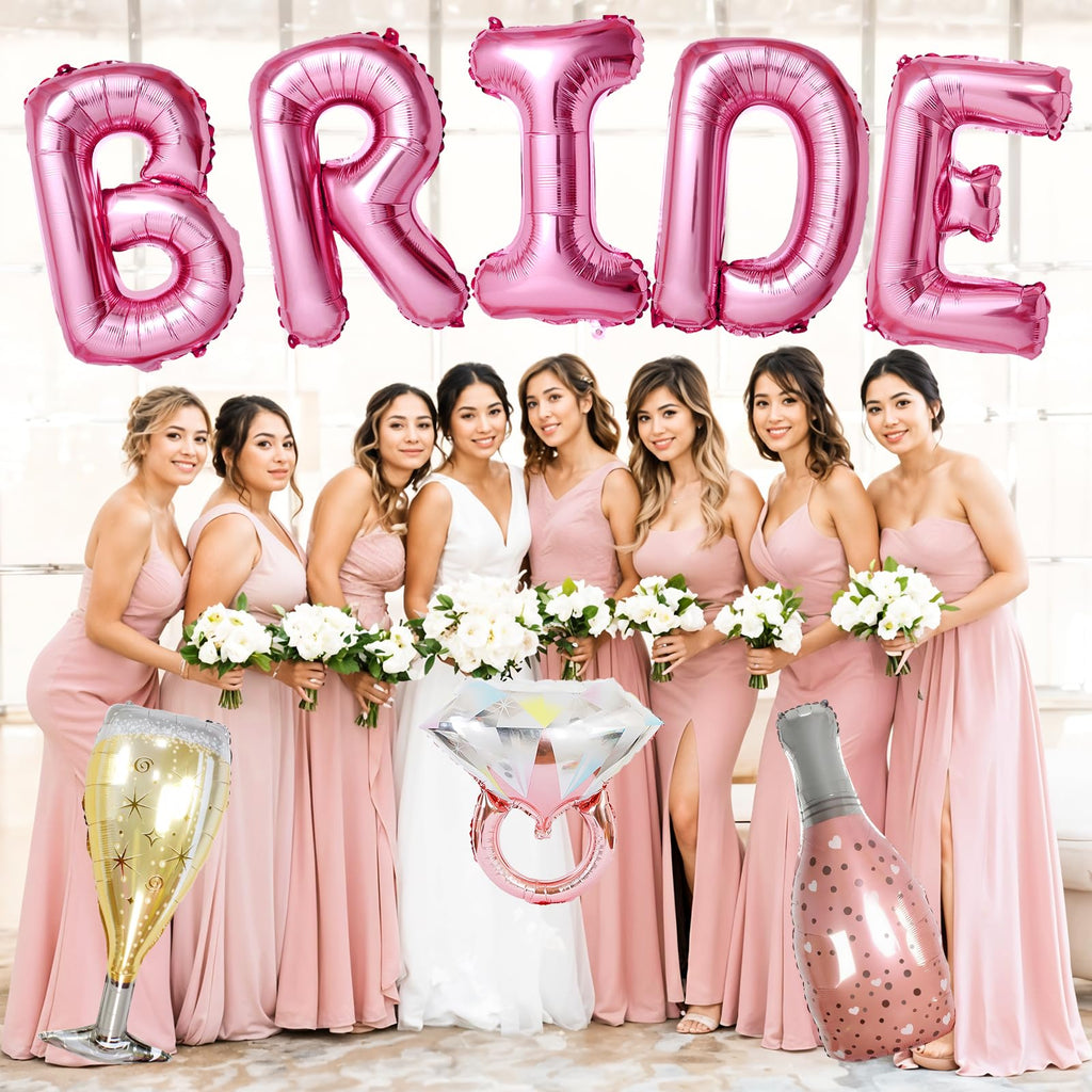 Dagelar 40-Inch Pink BRIDE Balloon Set with Diamond Ring & Champagne Foil Balloons for Bachelorette Party