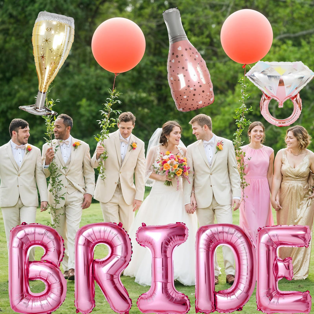 Dagelar 40-Inch Pink BRIDE Balloon Set with Diamond Ring & Champagne Foil Balloons for Bachelorette Party