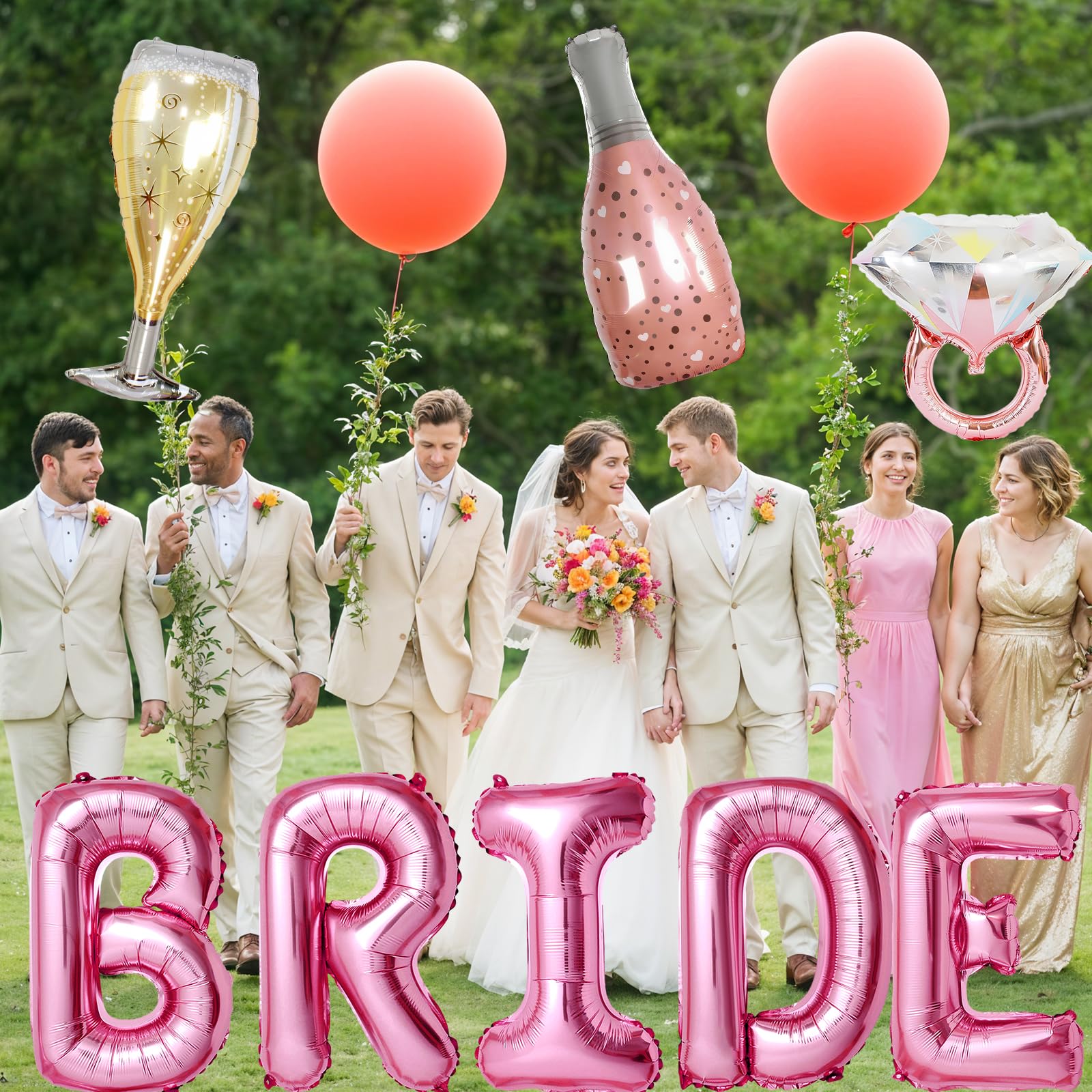 Dagelar 40-Inch Pink BRIDE Balloon Set with Diamond Ring & Champagne Foil Balloons for Bachelorette Party