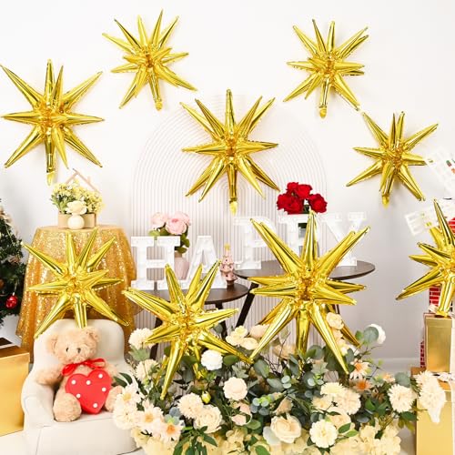 Dagelar 9-Piece Gold Star Balloon Set – Metallic Foil Spike Balloons for Parties (3x27in + 6x22in)