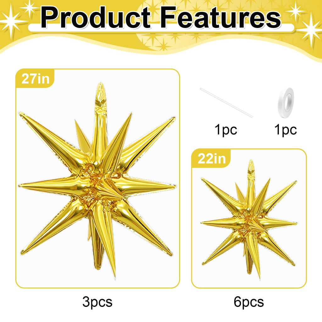 Dagelar 9-Piece Gold Star Balloon Set – Metallic Foil Spike Balloons for Parties (3x27in + 6x22in)
