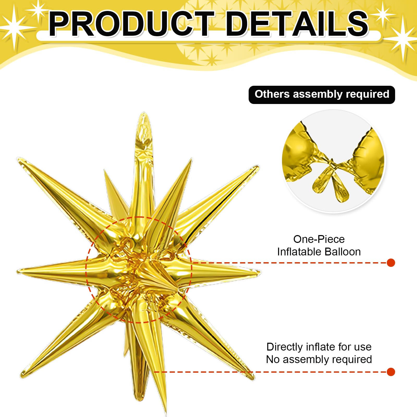 Dagelar 9-Piece Gold Star Balloon Set – Metallic Foil Spike Balloons for Parties (3x27in + 6x22in)