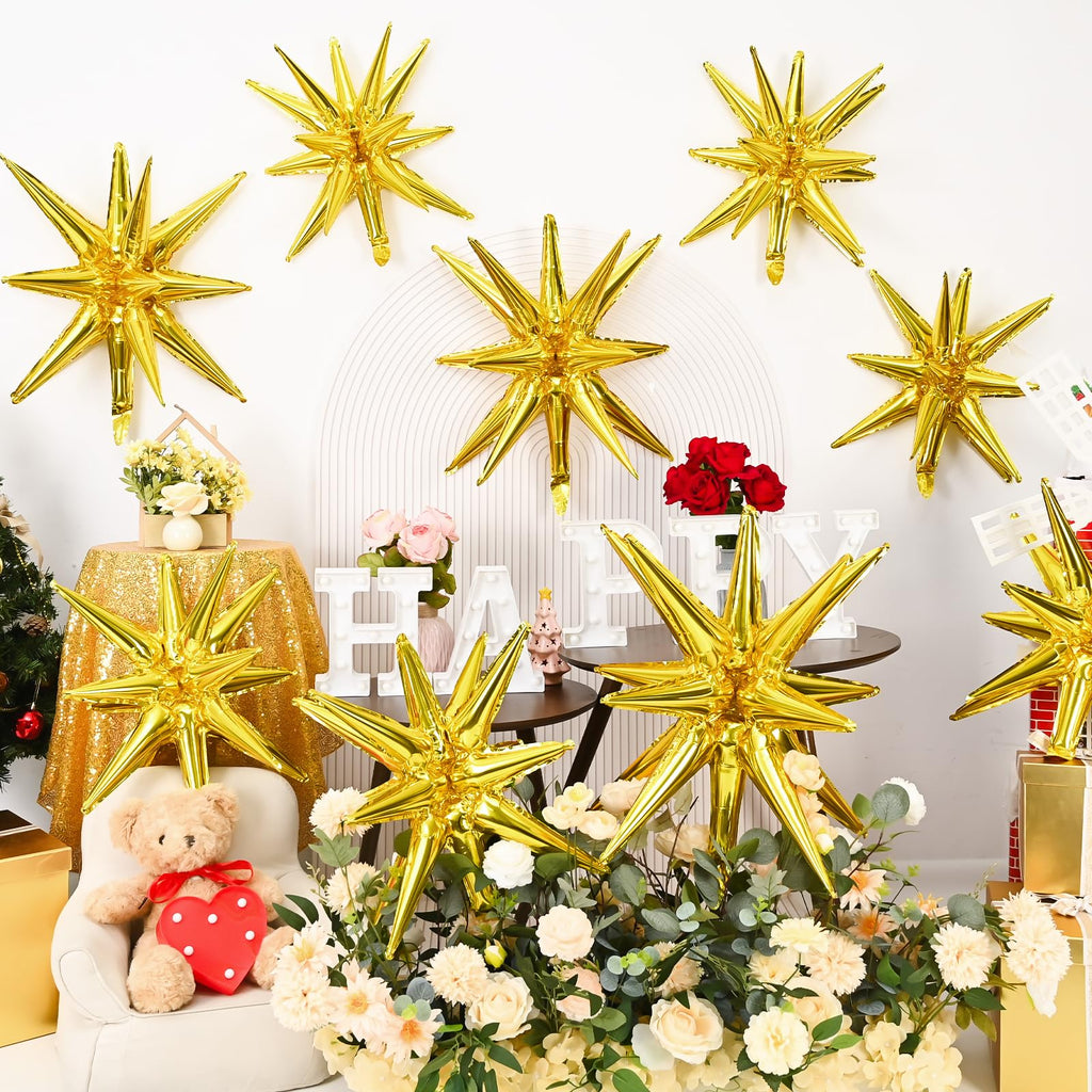Dagelar 9-Piece Gold Star Balloon Set – Metallic Foil Spike Balloons for Parties (3x27in + 6x22in)