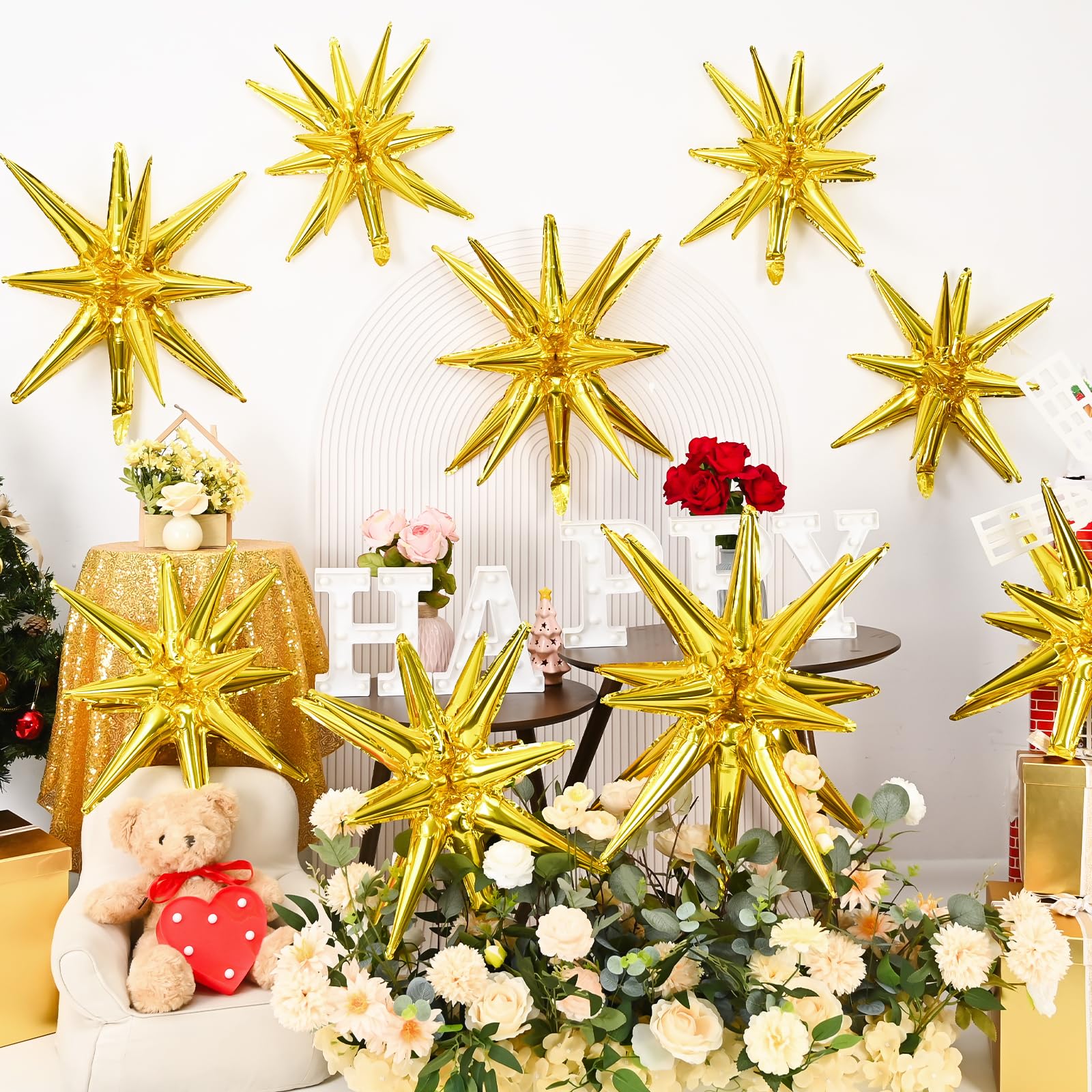 Dagelar 9-Piece Gold Star Balloon Set – Metallic Foil Spike Balloons for Parties (3x27in + 6x22in)