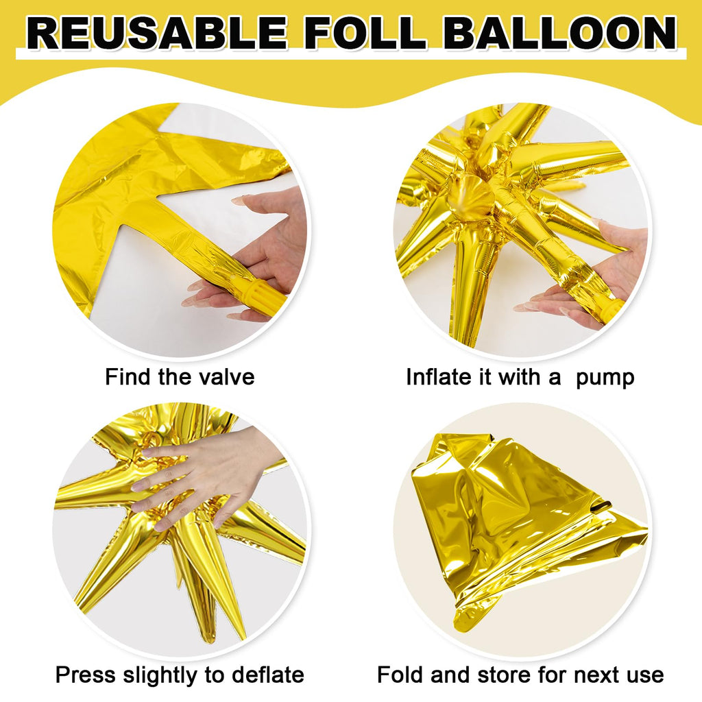 Dagelar 9-Piece Gold Star Balloon Set – Metallic Foil Spike Balloons for Parties (3x27in + 6x22in)