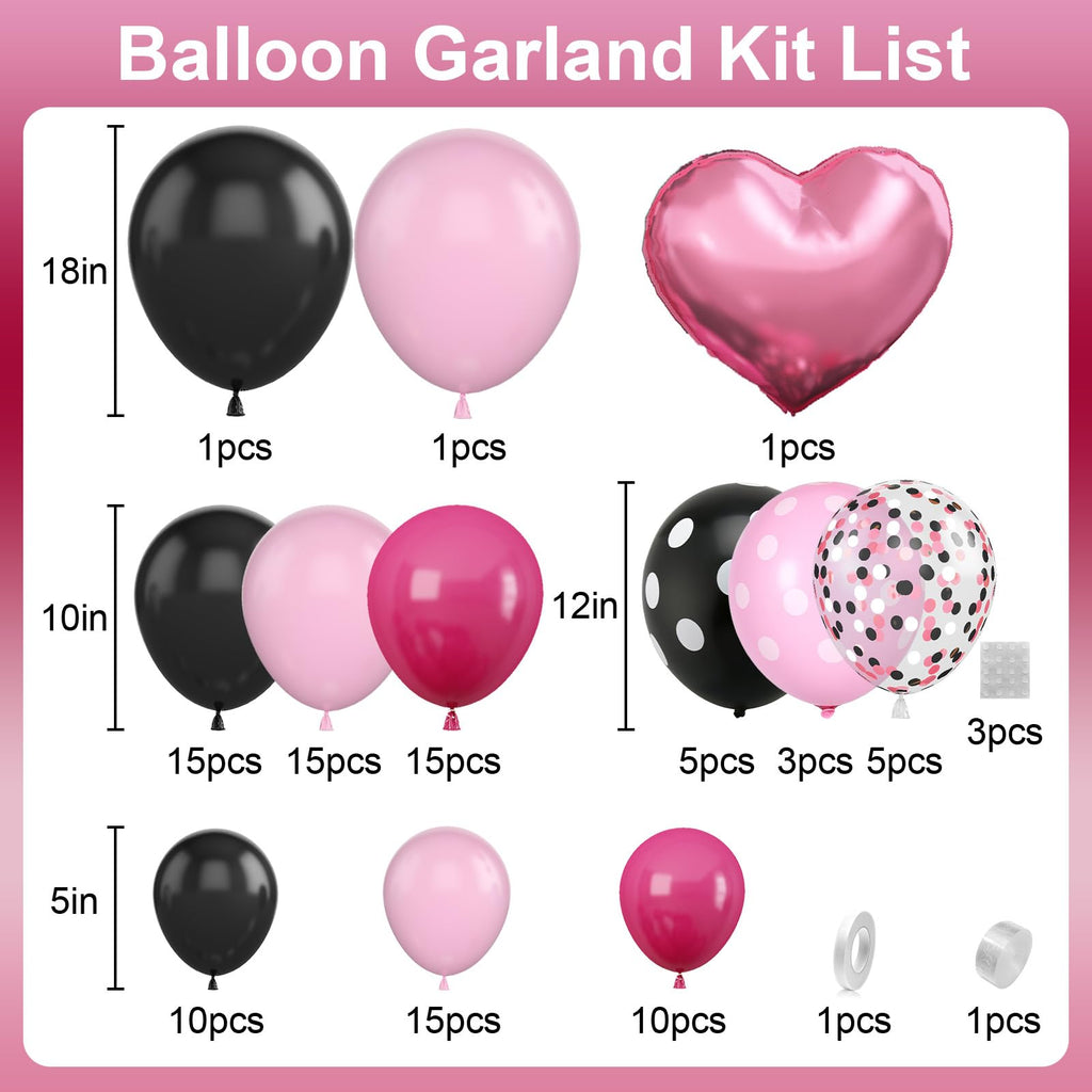 Dagelar Pink Black Balloon Arch Kit - 101 Piece Pastel Hot Pink Black Dot Balloon Garland with Bow Heart Foil Balloons for Birthday Baby Shower Wedding Party Decor