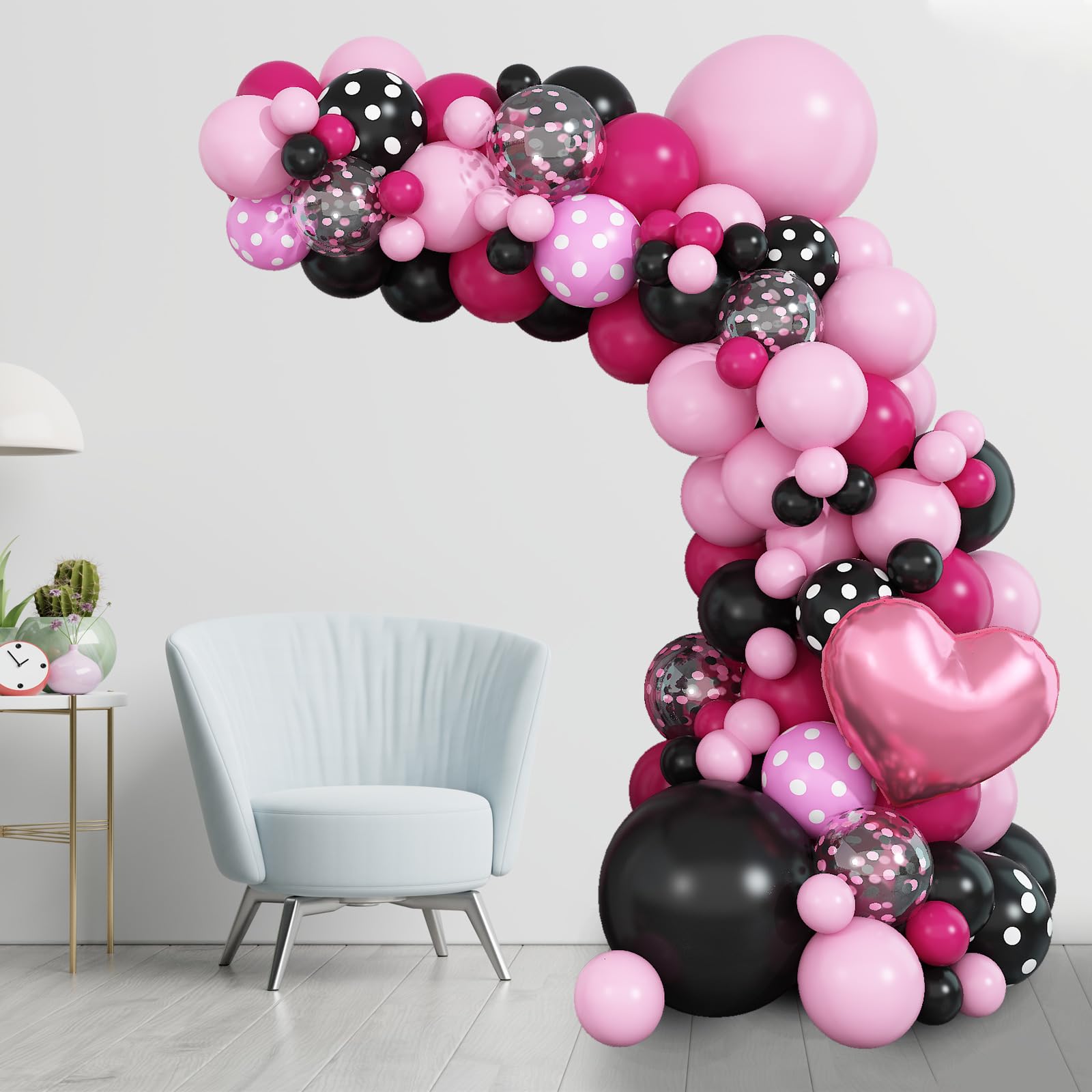 Dagelar Pink Black Balloon Arch Kit - 101 Piece Pastel Hot Pink Black Dot Balloon Garland with Bow Heart Foil Balloons for Birthday Baby Shower Wedding Party Decor