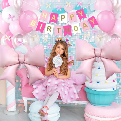 Dagelar Pink Bow Birthday Decor Kit - 38in Foil Balloons, Satin Bows, Banner for Girls Women Party
