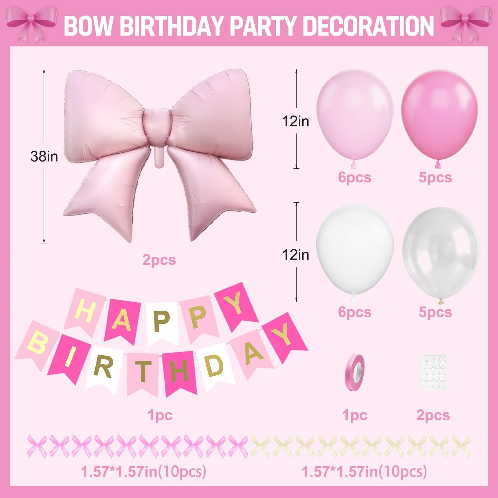 Dagelar Pink Bow Birthday Decor Kit - 38in Foil Balloons, Satin Bows, Banner for Girls Women Party
