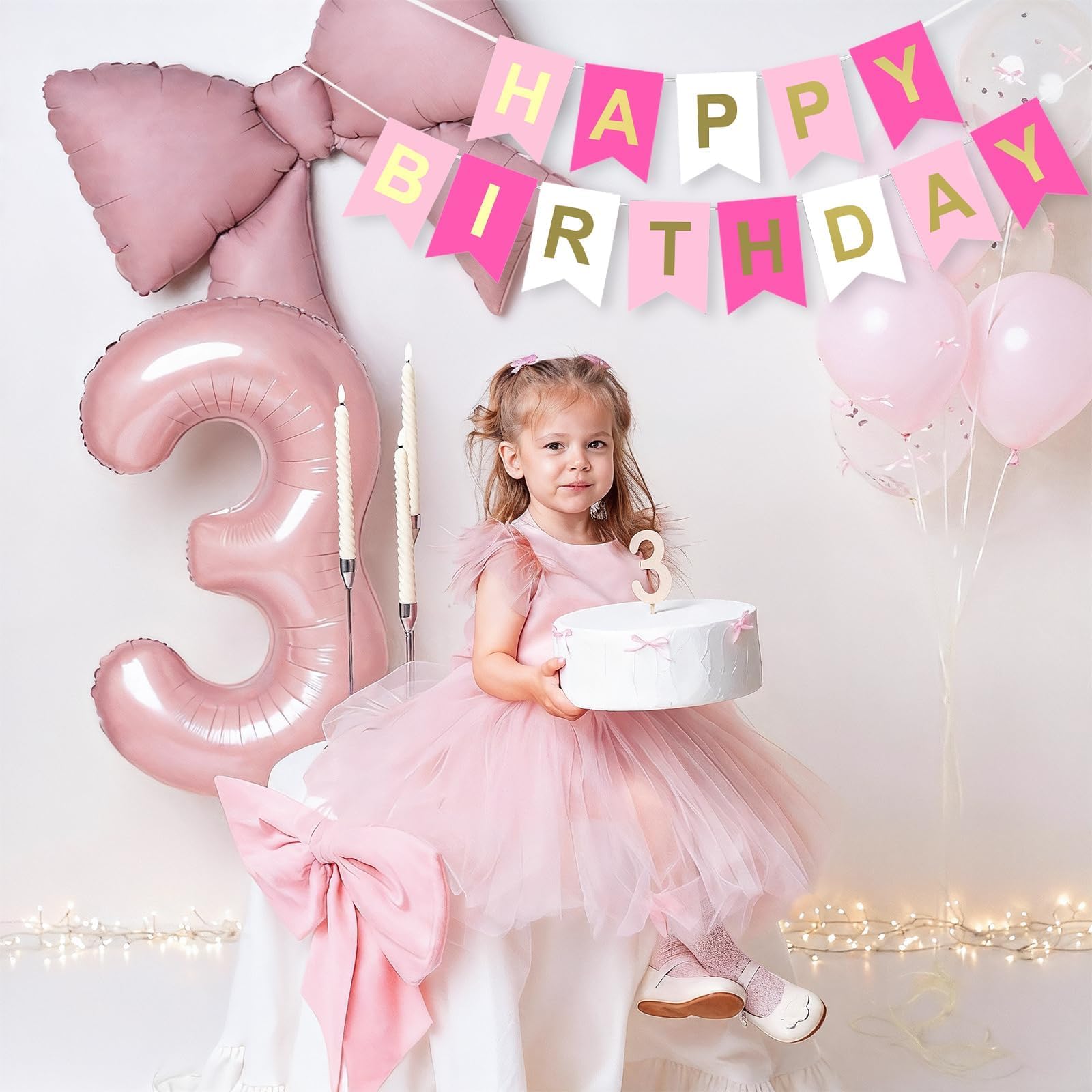 Dagelar Pink Bow Birthday Decor Kit - 38in Foil Balloons, Satin Bows, Banner for Girls Women Party