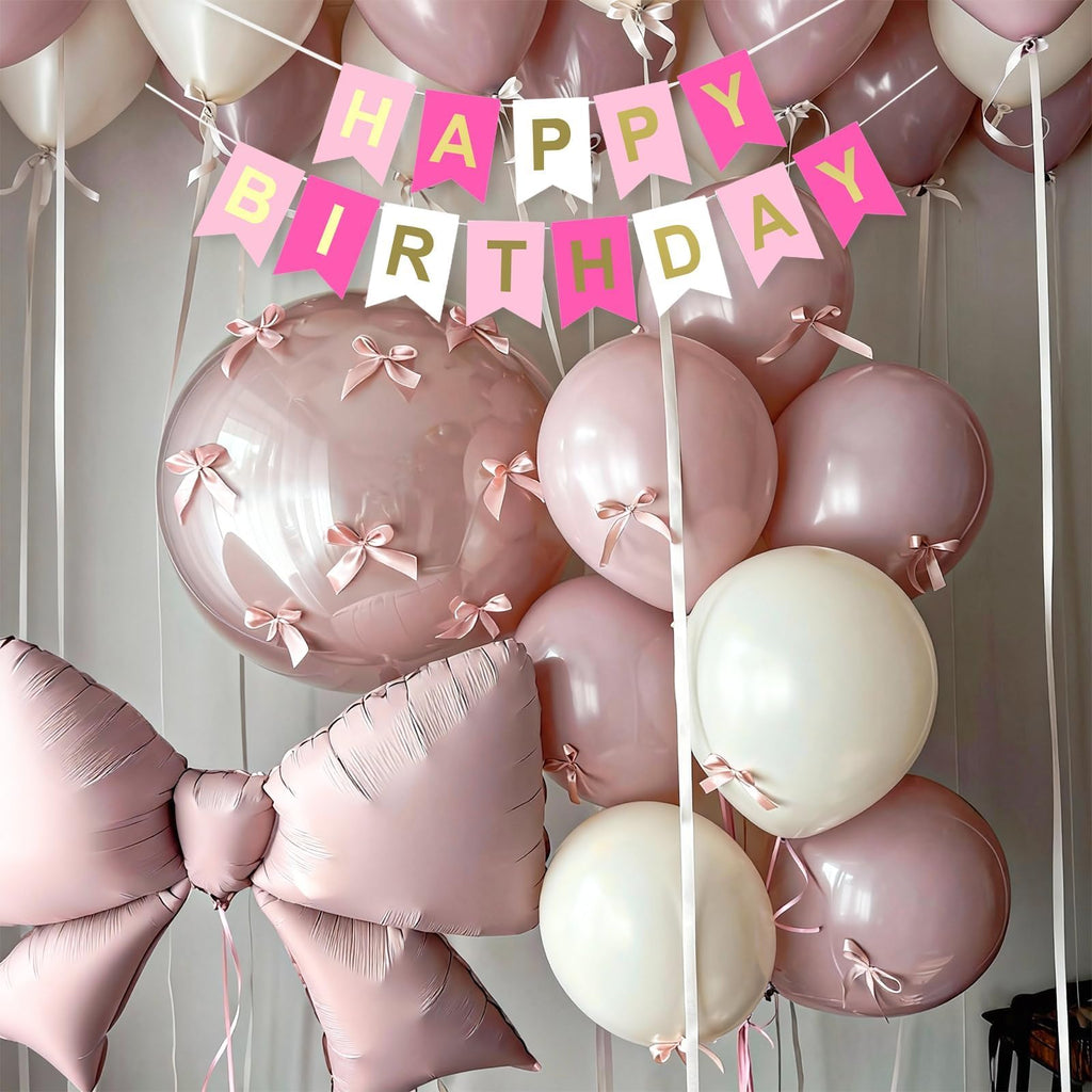 Dagelar Pink Bow Birthday Decor Kit - 38in Foil Balloons, Satin Bows, Banner for Girls Women Party