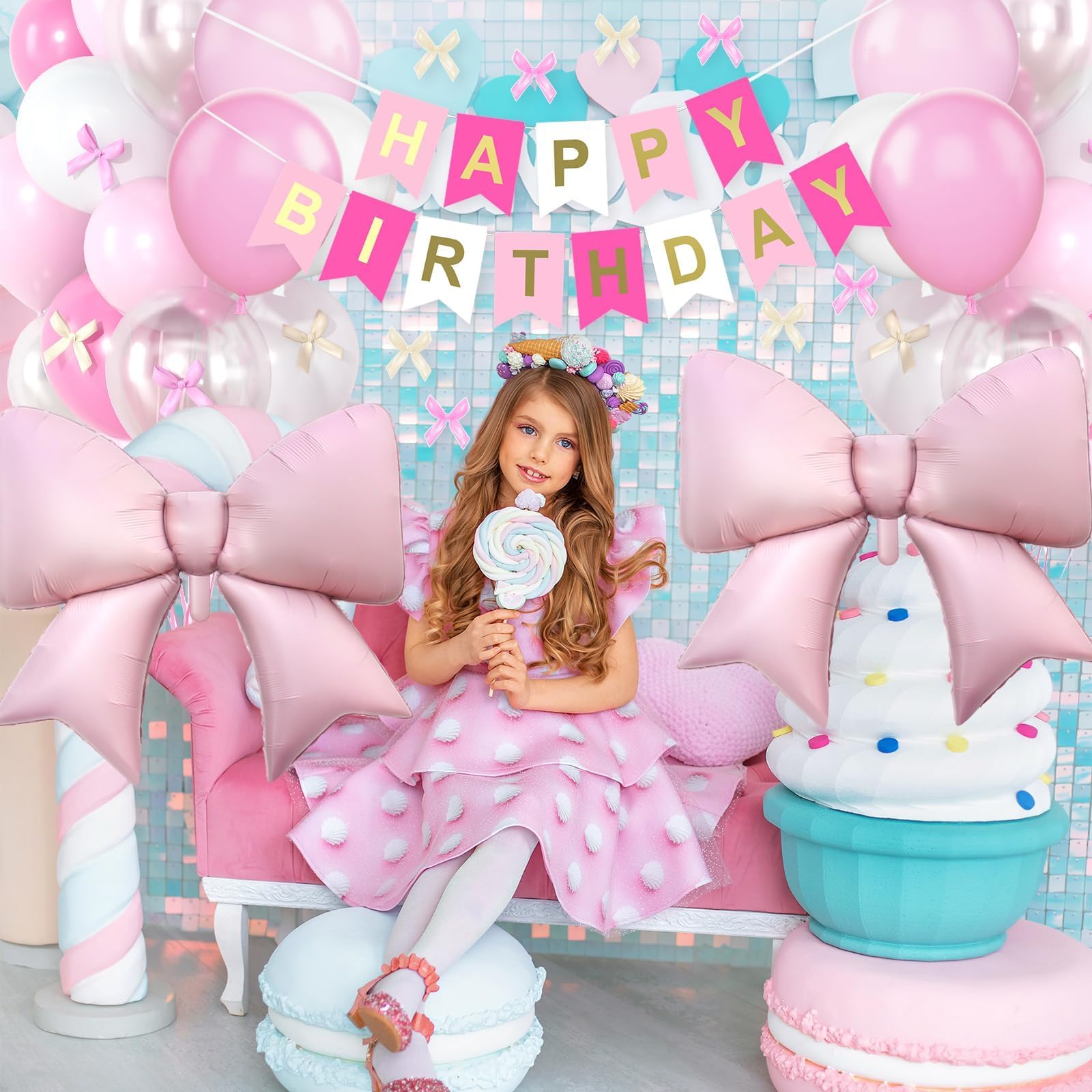 Dagelar Pink Bow Birthday Decor Kit - 38in Foil Balloons, Satin Bows, Banner for Girls Women Party