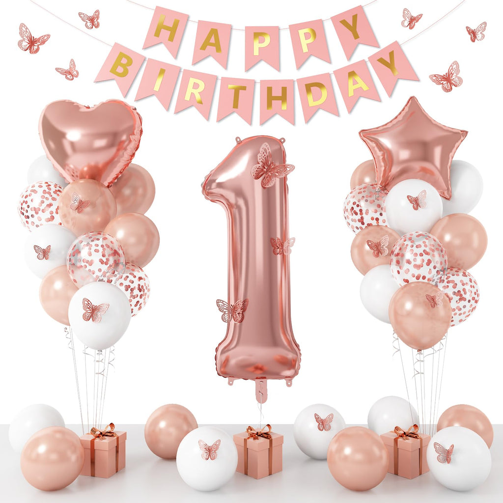 Dagelar Rose Gold 1st Birthday Decoration Set - 21 Piece Balloon Banner Kit for Girls
