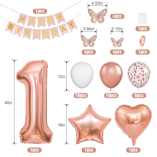 Dagelar Rose Gold 1st Birthday Decoration Set - 21 Piece Balloon Banner Kit for Girls