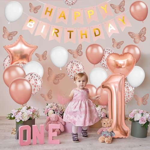 Dagelar Rose Gold 1st Birthday Decoration Set - 21 Piece Balloon Banner Kit for Girls