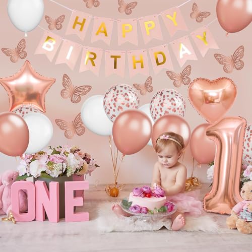 Dagelar Rose Gold 1st Birthday Decoration Set - 21 Piece Balloon Banner Kit for Girls