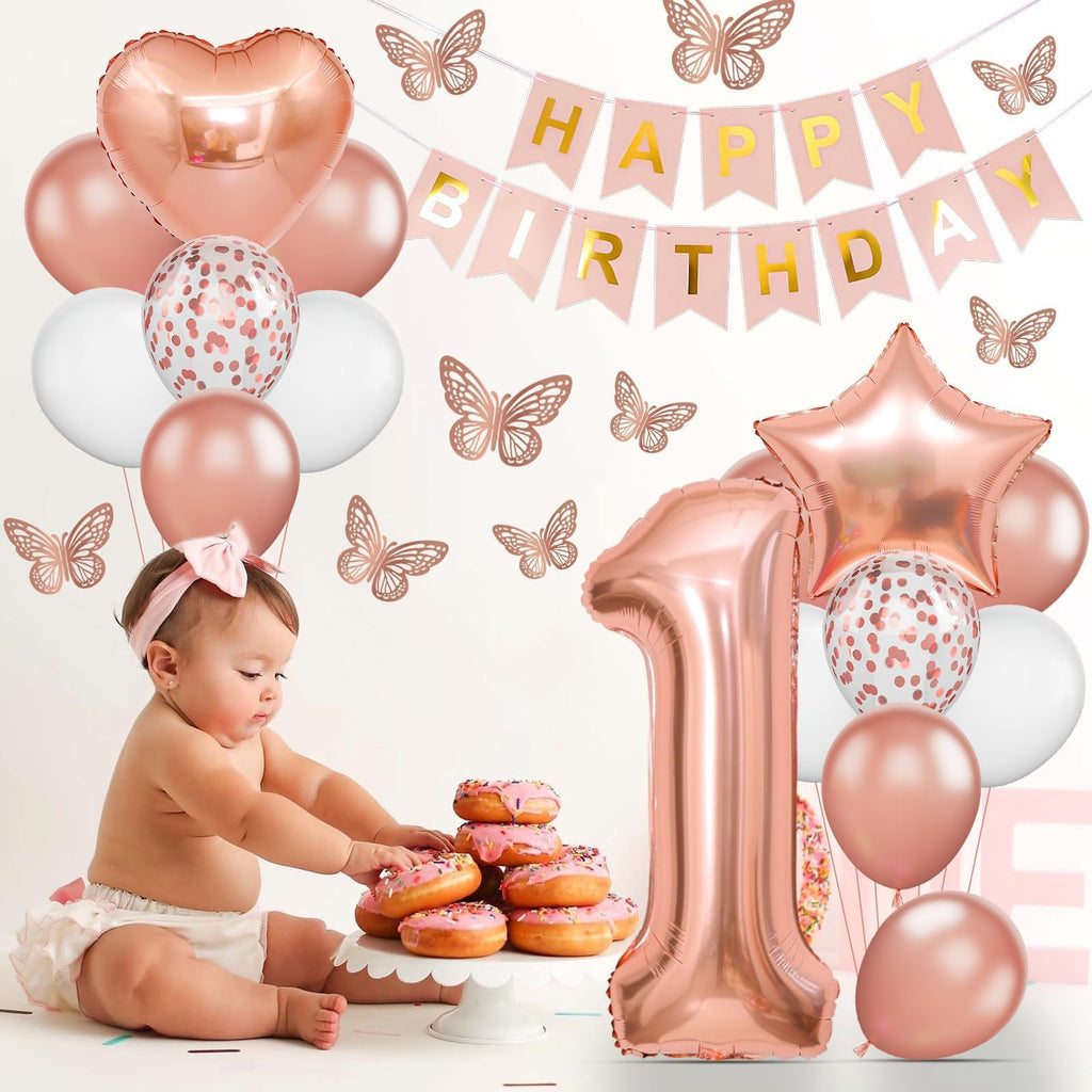 Dagelar Rose Gold 1st Birthday Decoration Set - 21 Piece Balloon Banner Kit for Girls