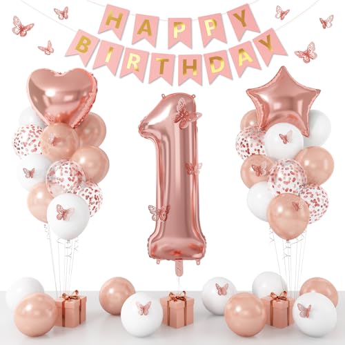 Dagelar Rose Gold 1st Birthday Decoration Set - 21 Piece Balloon Banner Kit for Girls