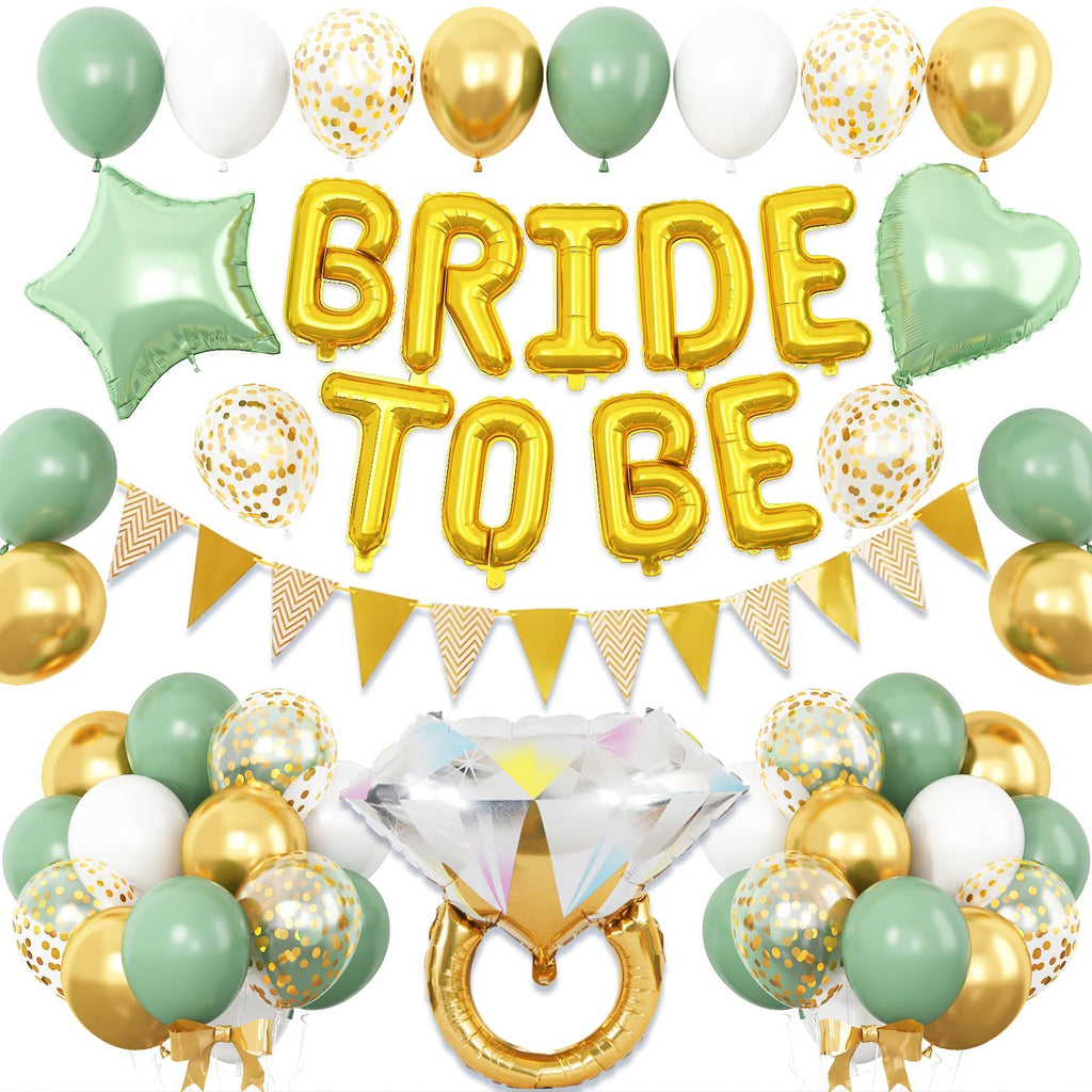 Dagelar Sage Green Bachelorette Party Balloon Set – Gold Bride to Be Decorations with Diamond Ring, Star, Heart Foil Balloons