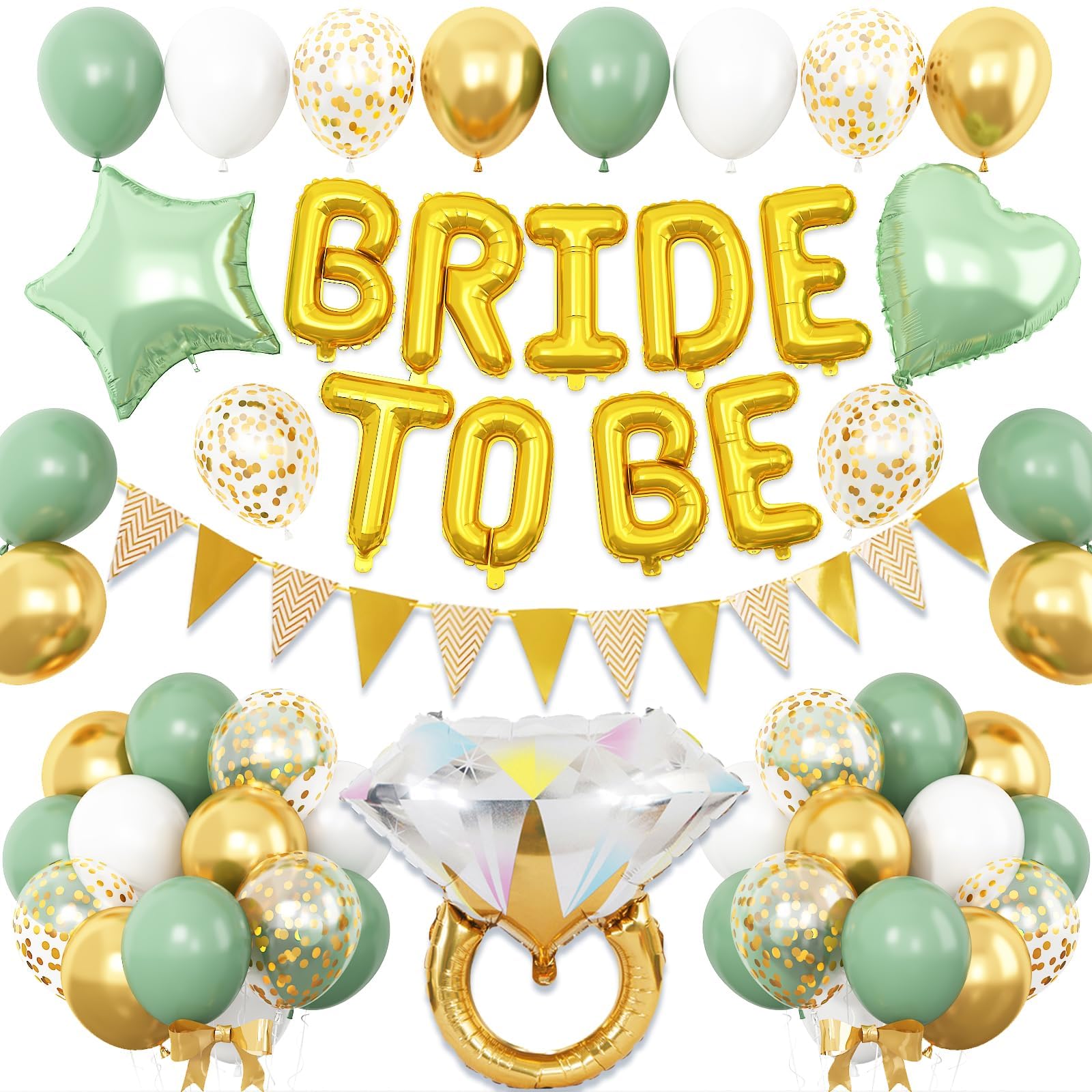 Dagelar Sage Green Bachelorette Party Balloon Set – Gold Bride to Be Decorations with Diamond Ring, Star, Heart Foil Balloons