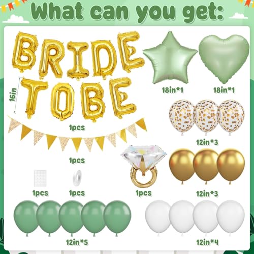 Dagelar Sage Green Bachelorette Party Balloon Set – Gold Bride to Be Decorations with Diamond Ring, Star, Heart Foil Balloons