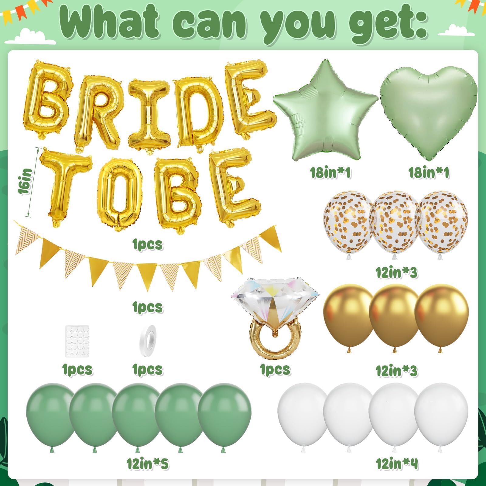 Dagelar Sage Green Bachelorette Party Balloon Set – Gold Bride to Be Decorations with Diamond Ring, Star, Heart Foil Balloons