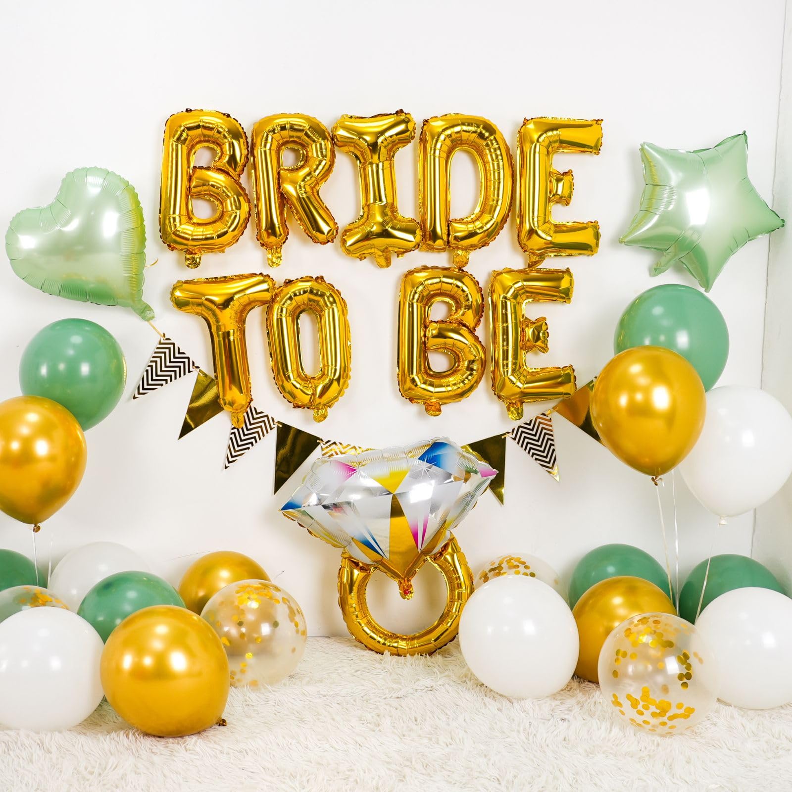 Dagelar Sage Green Bachelorette Party Balloon Set – Gold Bride to Be Decorations with Diamond Ring, Star, Heart Foil Balloons