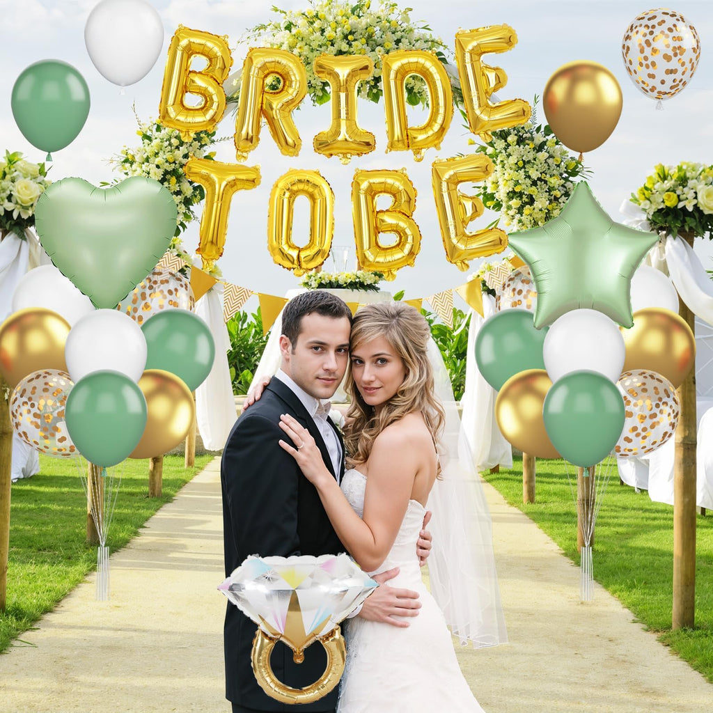 Dagelar Sage Green Bachelorette Party Balloon Set – Gold Bride to Be Decorations with Diamond Ring, Star, Heart Foil Balloons