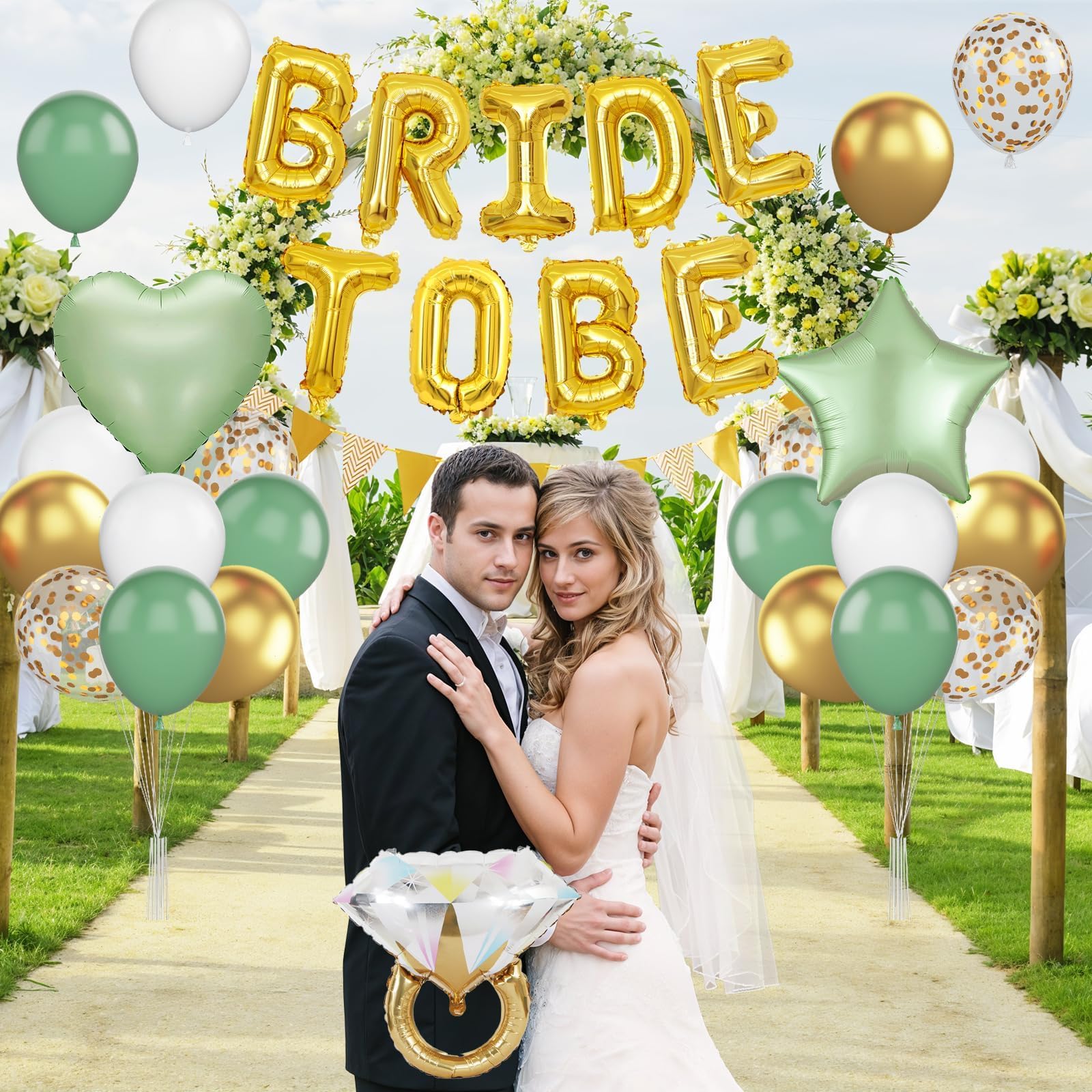 Dagelar Sage Green Bachelorette Party Balloon Set – Gold Bride to Be Decorations with Diamond Ring, Star, Heart Foil Balloons