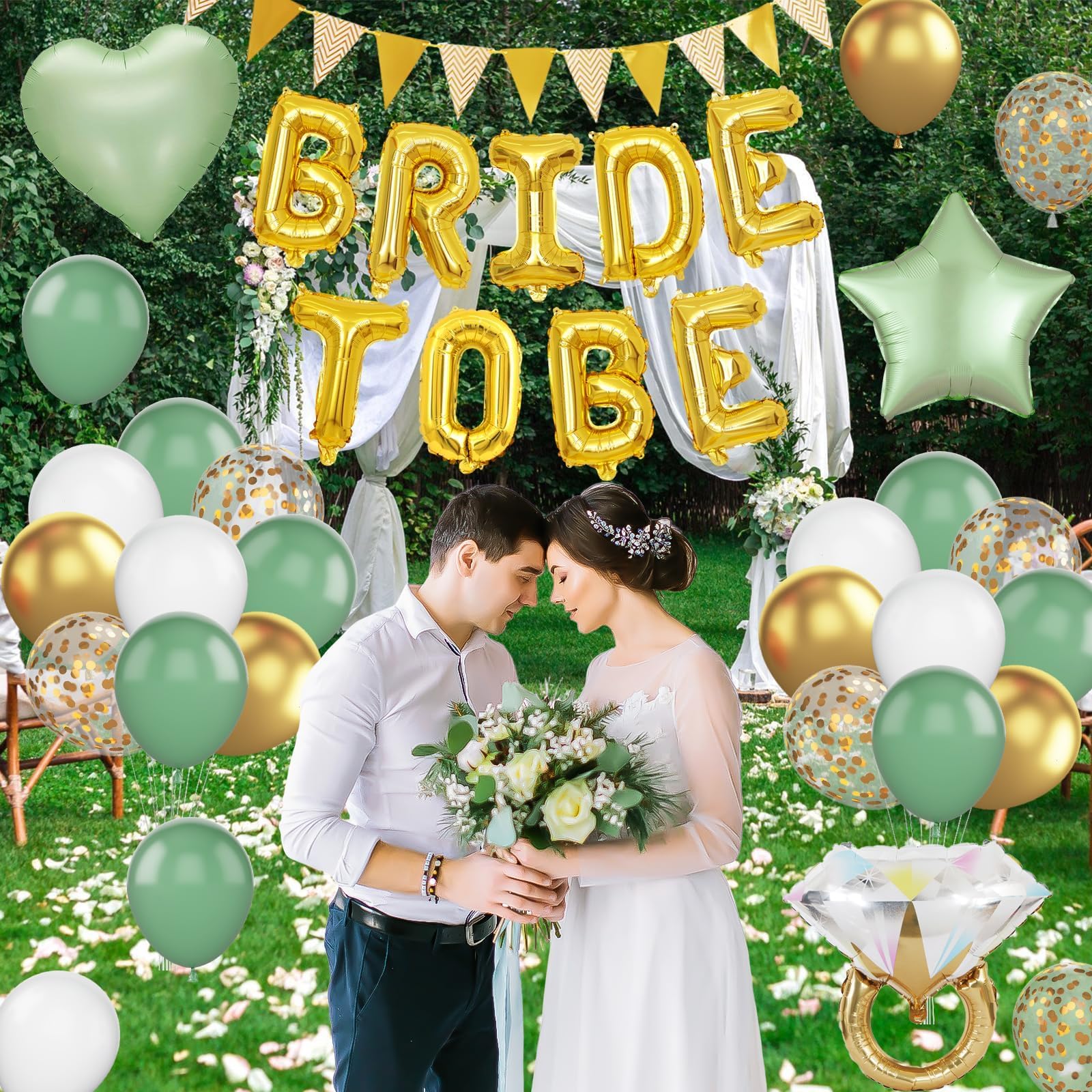 Dagelar Sage Green Bachelorette Party Balloon Set – Gold Bride to Be Decorations with Diamond Ring, Star, Heart Foil Balloons