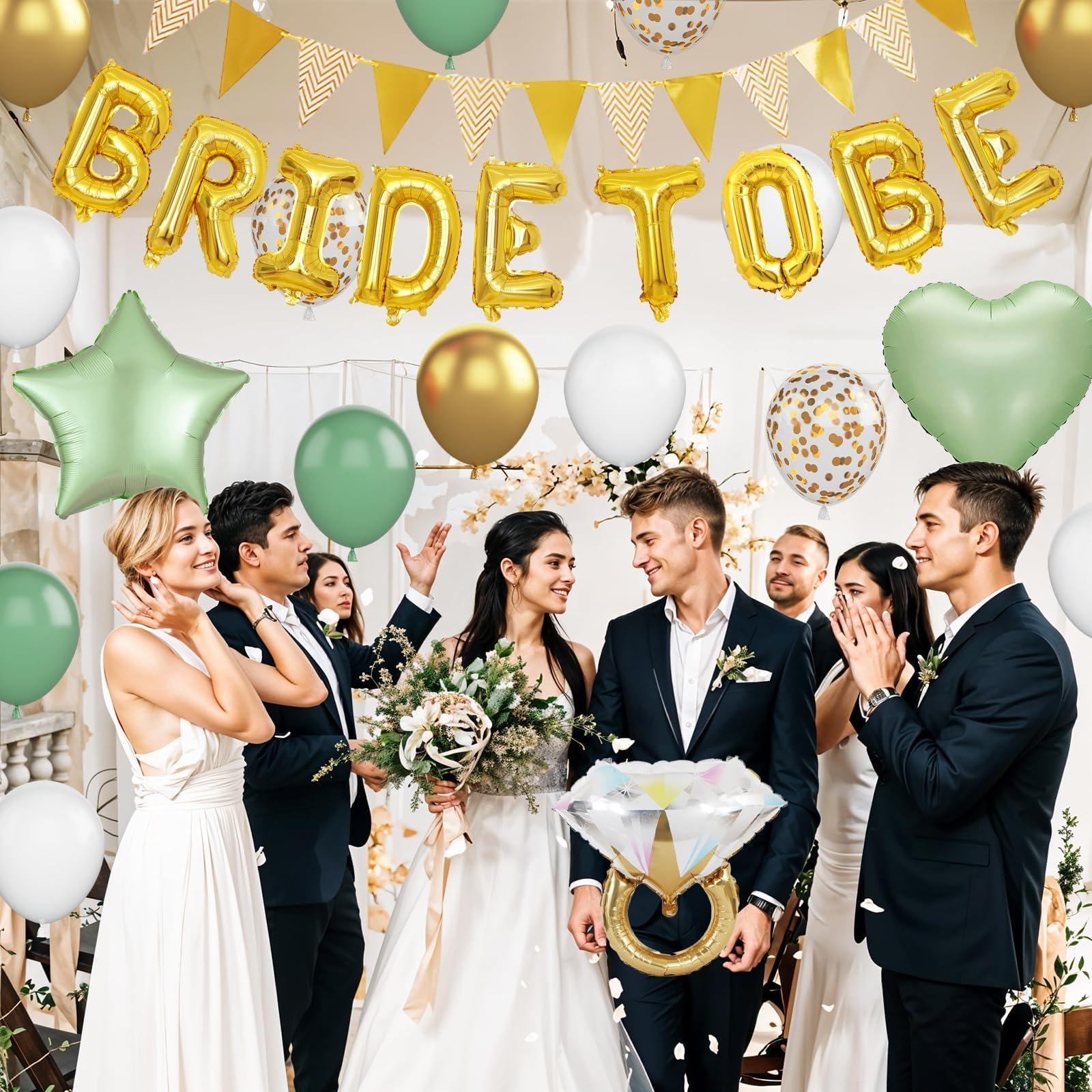 Dagelar Sage Green Bachelorette Party Balloon Set – Gold Bride to Be Decorations with Diamond Ring, Star, Heart Foil Balloons