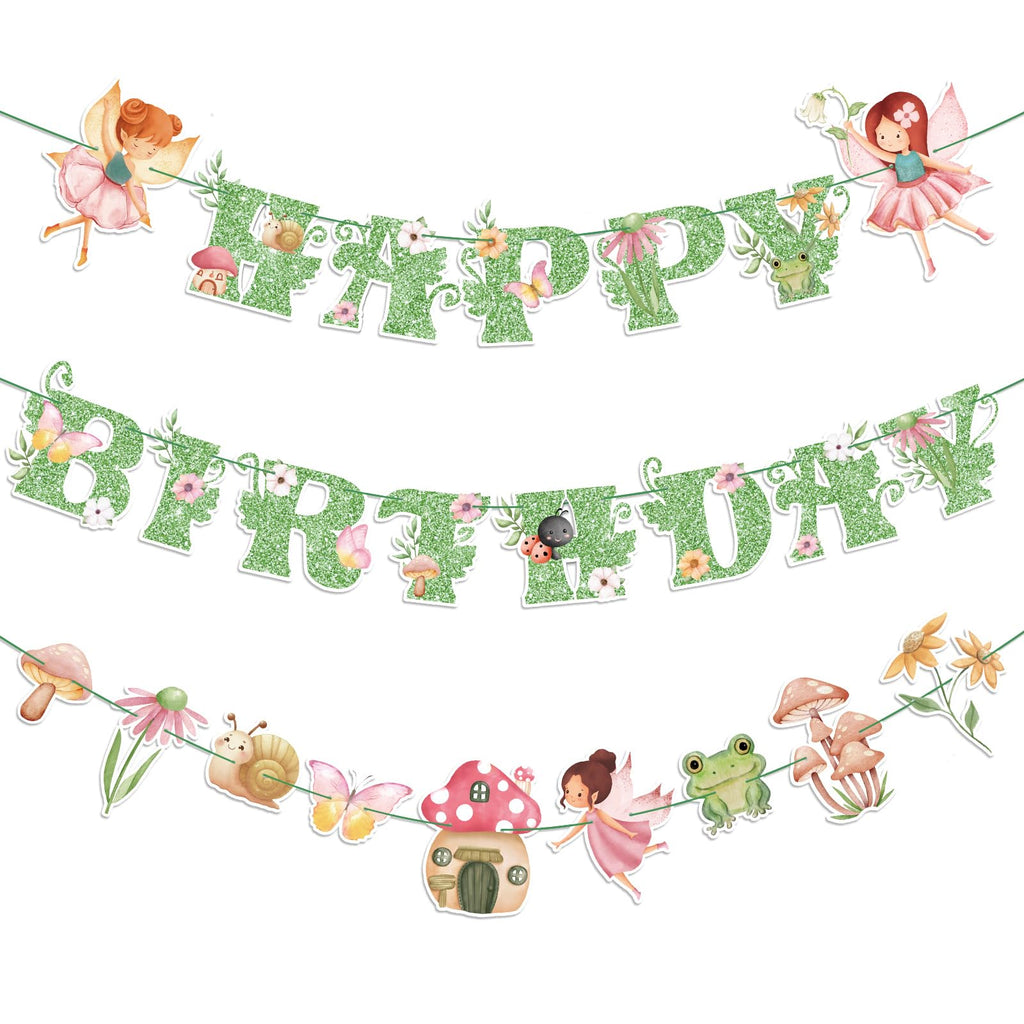Daifunli 3 Pcs Green Fairy Birthday Banner Set - DIY Happy Birthday Decorations with Butterflies, Mushrooms, and Flowers