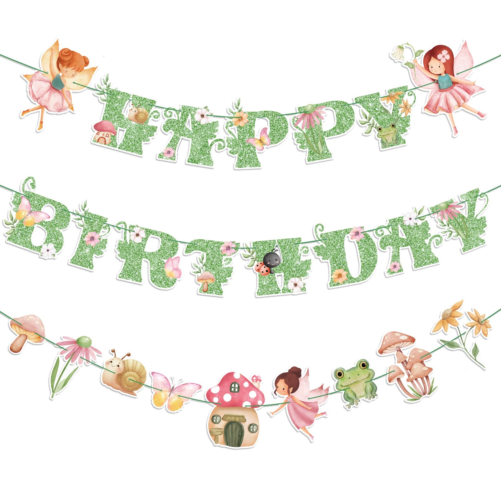 Daifunli 3 Pcs Green Fairy Birthday Banner Set - DIY Happy Birthday Decorations with Butterflies, Mushrooms, and Flowers