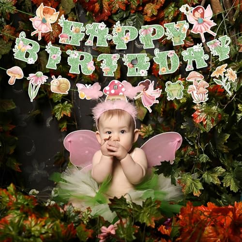 Daifunli 3 Pcs Green Fairy Birthday Banner Set - DIY Happy Birthday Decorations with Butterflies, Mushrooms, and Flowers