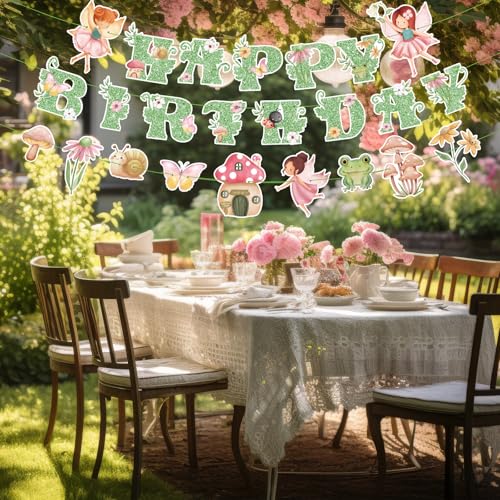 Daifunli 3 Pcs Green Fairy Birthday Banner Set - DIY Happy Birthday Decorations with Butterflies, Mushrooms, and Flowers
