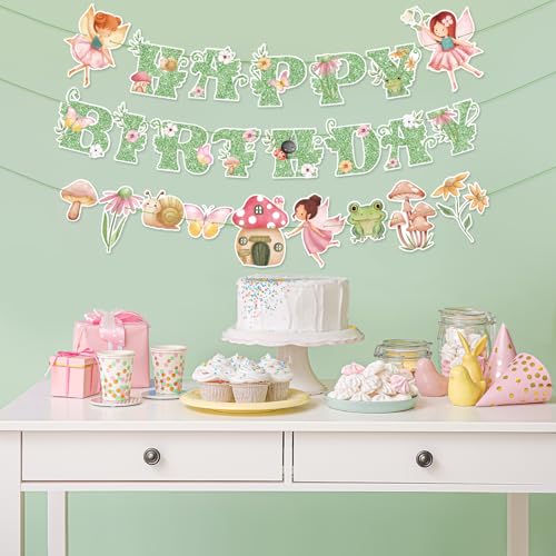Daifunli 3 Pcs Green Fairy Birthday Banner Set - DIY Happy Birthday Decorations with Butterflies, Mushrooms, and Flowers