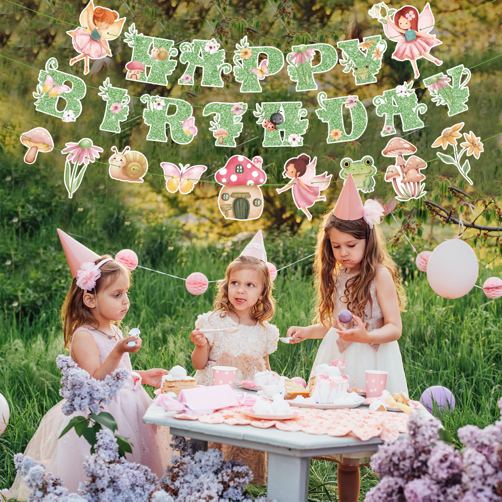 Daifunli 3 Pcs Green Fairy Birthday Banner Set - DIY Happy Birthday Decorations with Butterflies, Mushrooms, and Flowers
