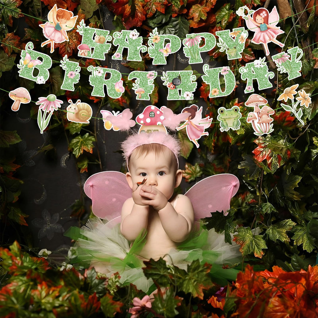 Daifunli 3 Pcs Green Fairy Birthday Banner Set - DIY Happy Birthday Decorations with Butterflies, Mushrooms, and Flowers