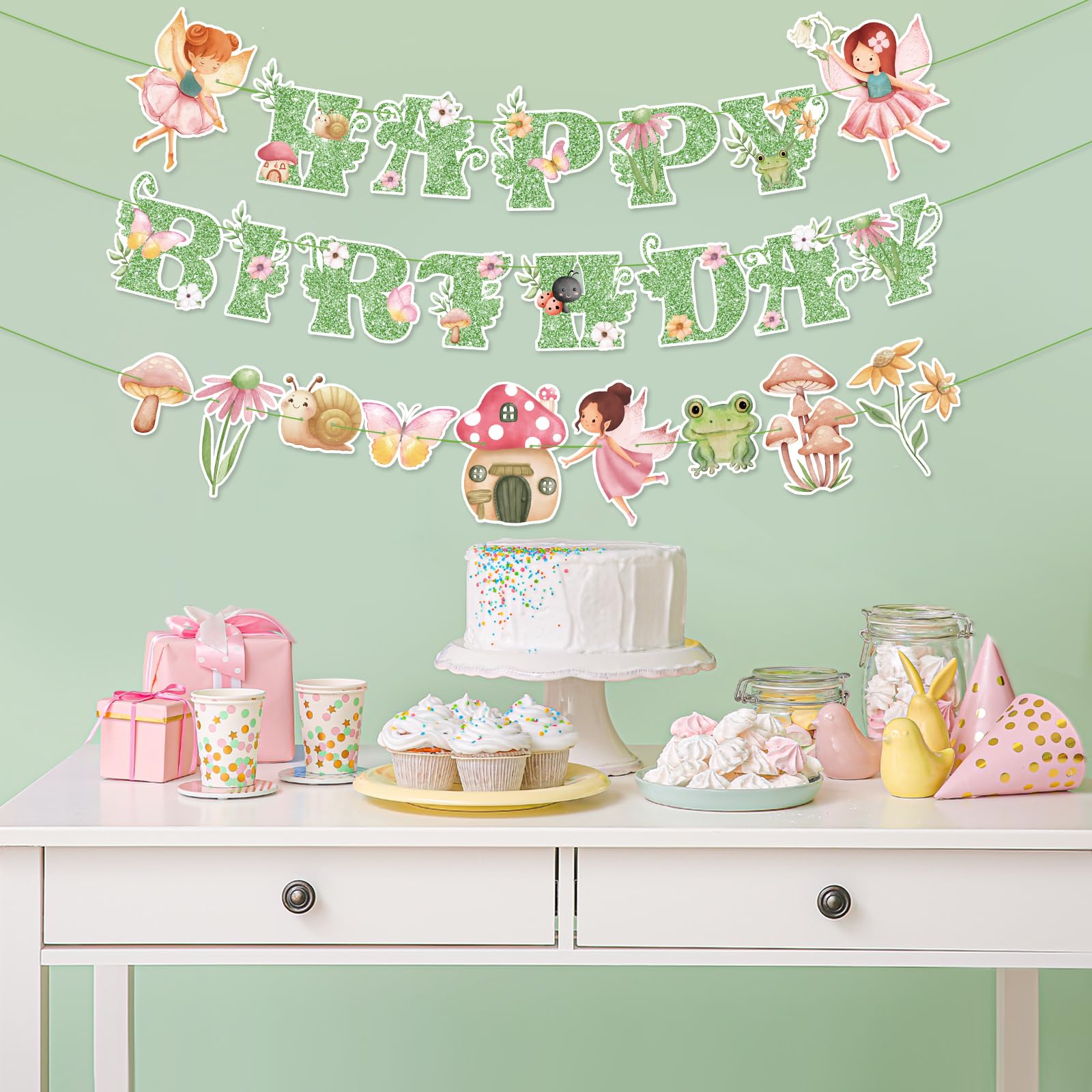Daifunli 3 Pcs Green Fairy Birthday Banner Set - DIY Happy Birthday Decorations with Butterflies, Mushrooms, and Flowers