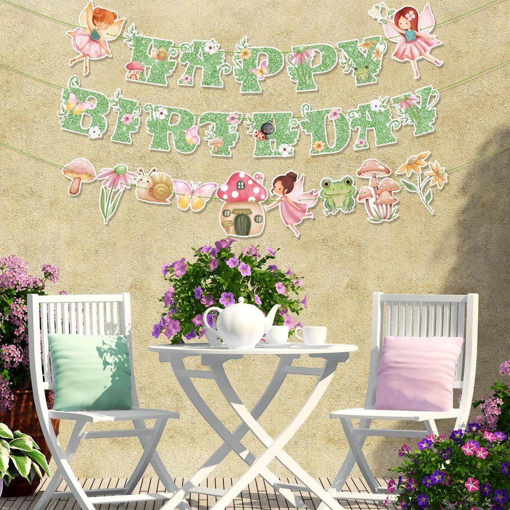 Daifunli 3 Pcs Green Fairy Birthday Banner Set - DIY Happy Birthday Decorations with Butterflies, Mushrooms, and Flowers