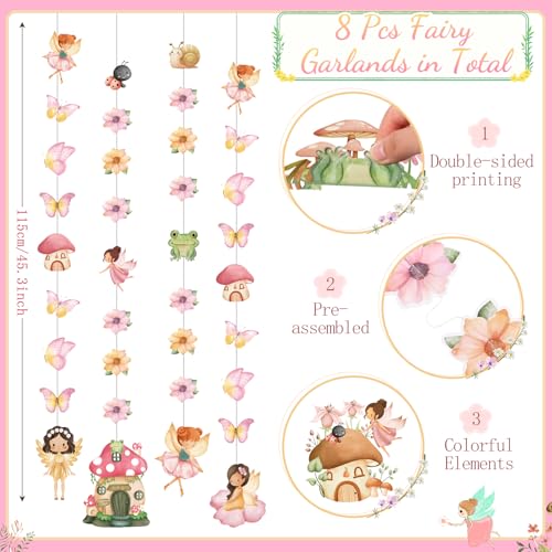 Daifunli 8-Pack Fairy Party Decorations - 45.3 inch Hanging Garlands with Butterfly, Mushroom, & Flower Cutouts